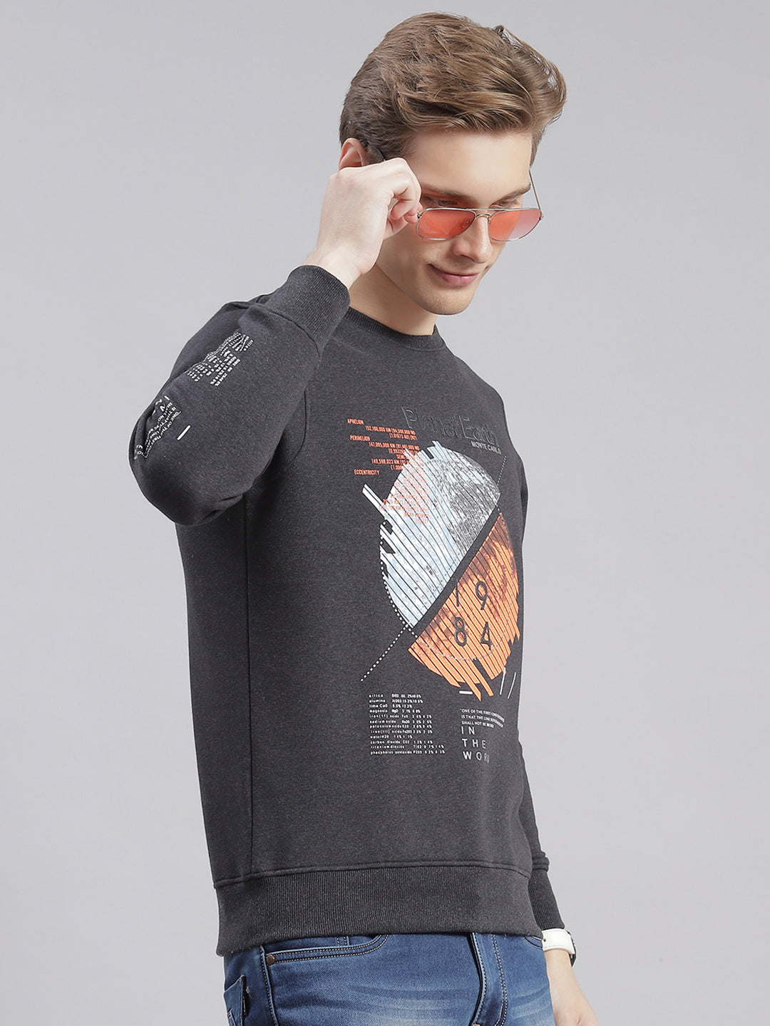Men Grey Printed Round Neck Full Sleeve Sweatshirts