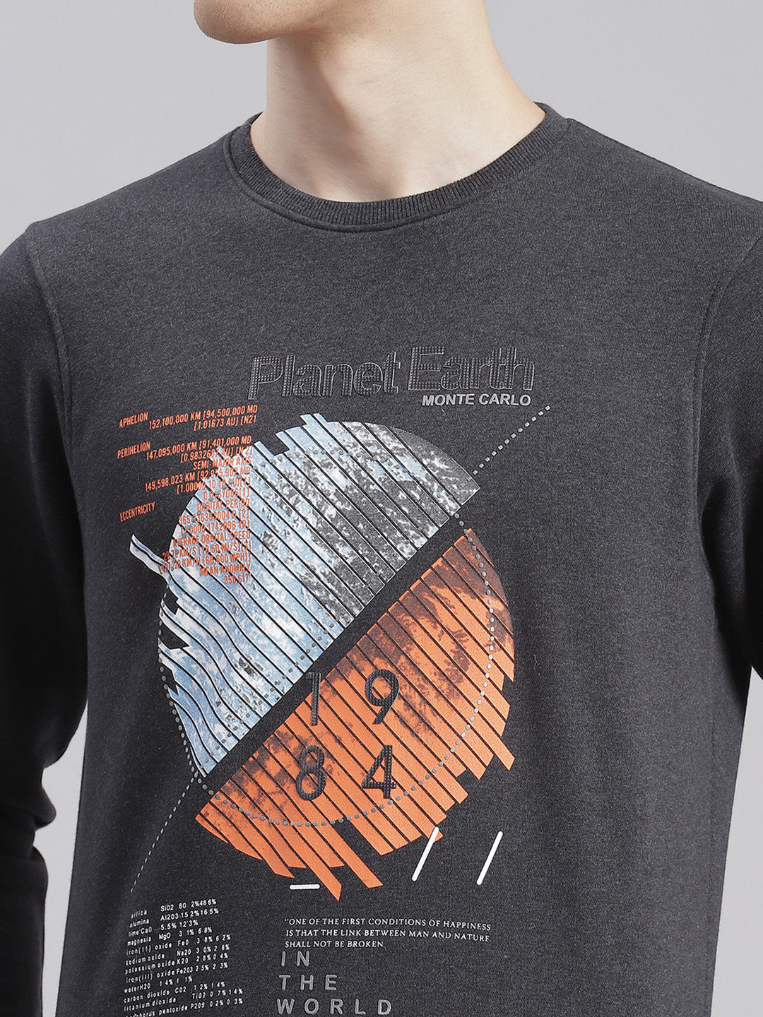 Men Grey Printed Round Neck Full Sleeve Sweatshirts