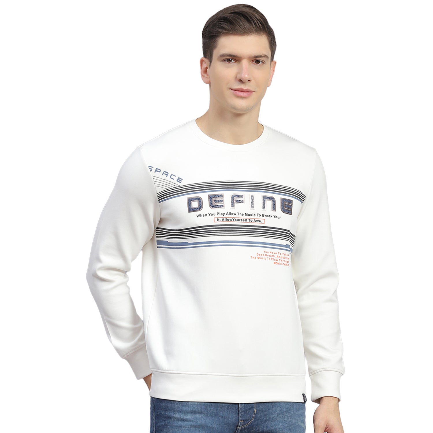 Men Off White Printed Round Neck Full Sleeve Sweatshirt