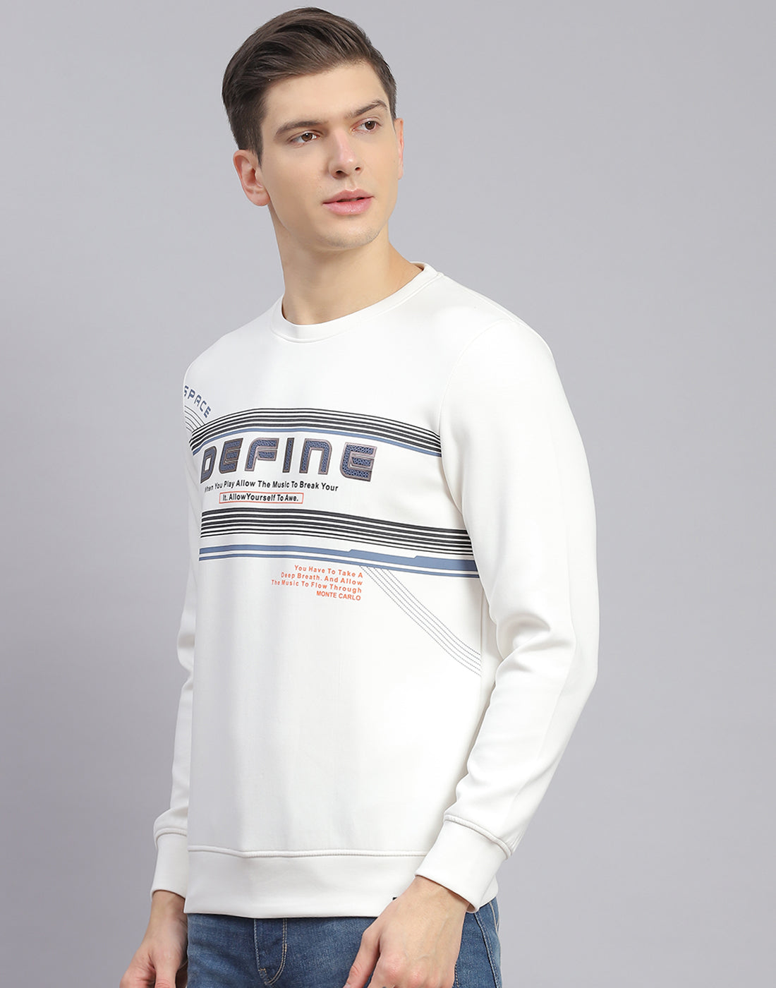 Men Off White Printed Round Neck Full Sleeve Sweatshirt