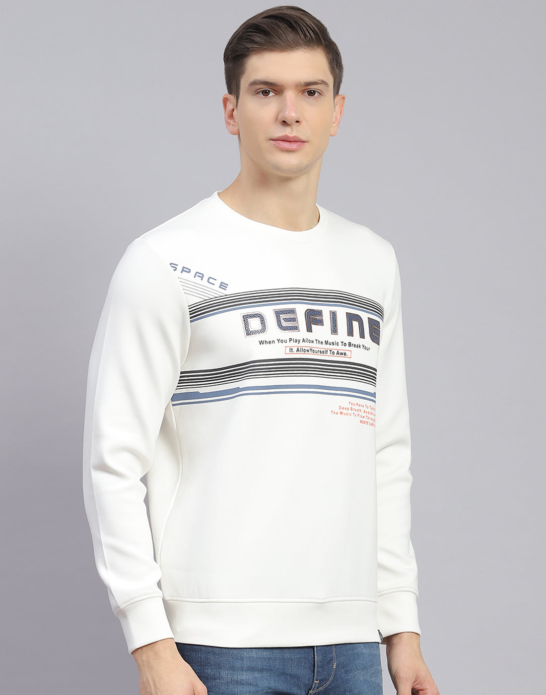 Men Off White Printed Round Neck Full Sleeve Sweatshirt