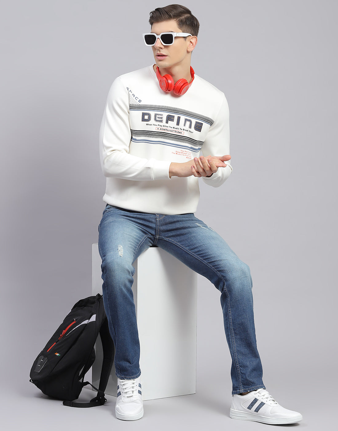 Men Off White Printed Round Neck Full Sleeve Sweatshirt