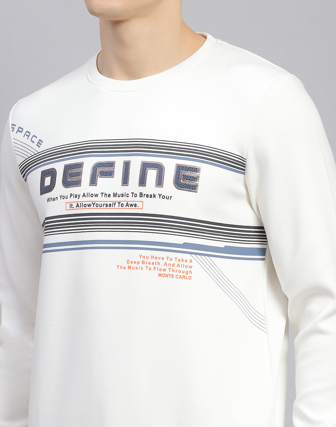 Men Off White Printed Round Neck Full Sleeve Sweatshirt