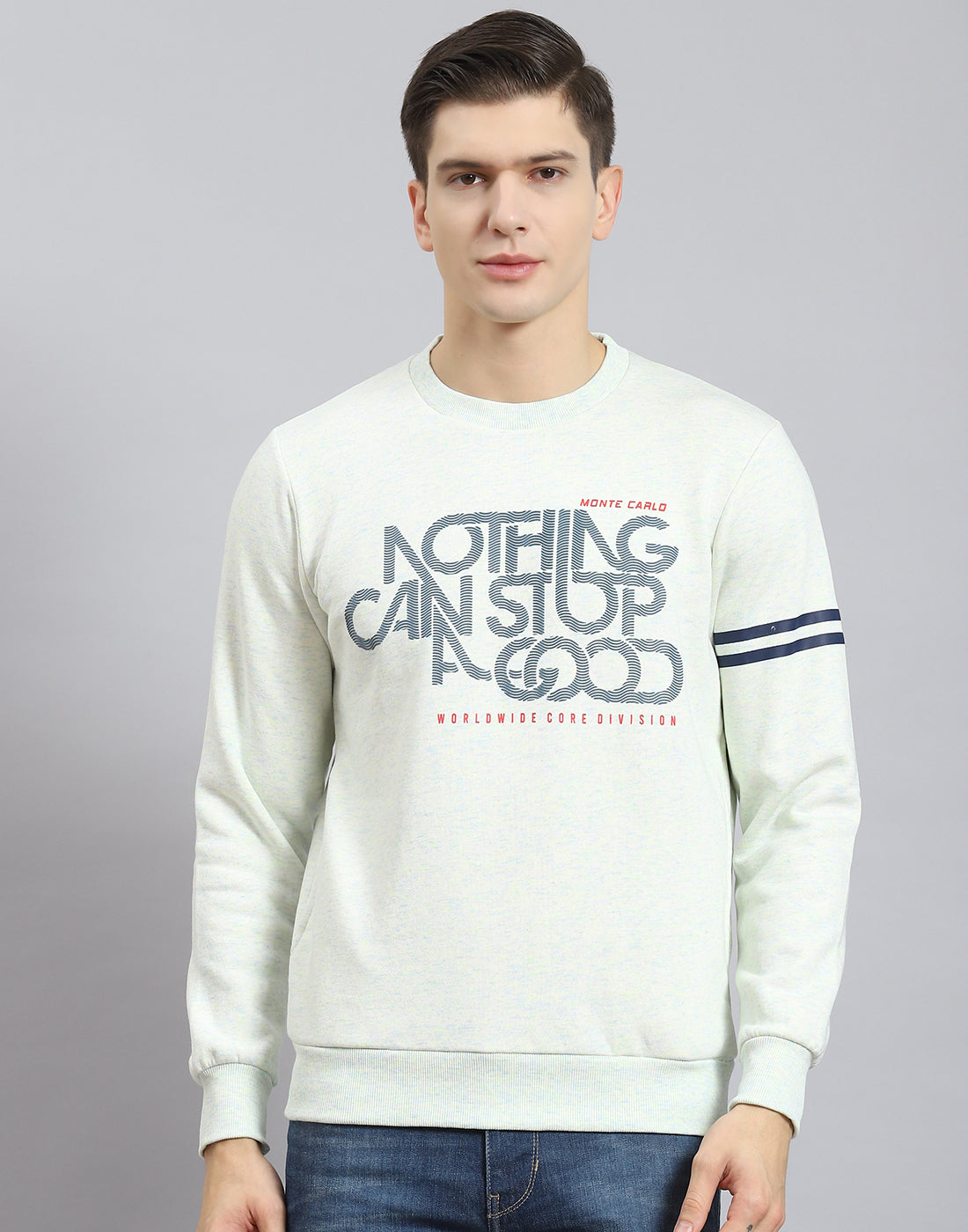 Men Off White Printed Round Neck Full Sleeve Sweatshirt