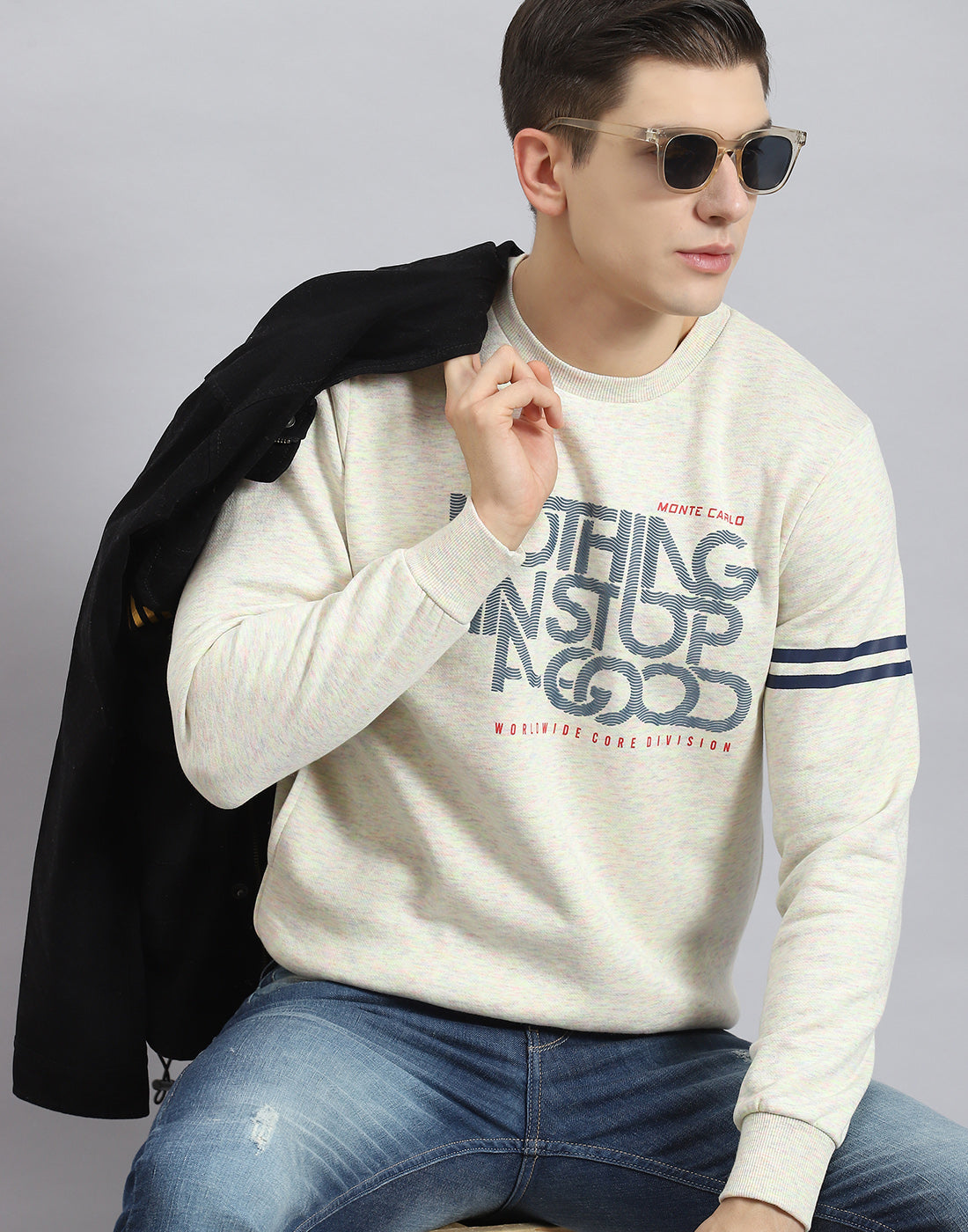 Men Beige Printed Round Neck Full Sleeve Sweatshirt