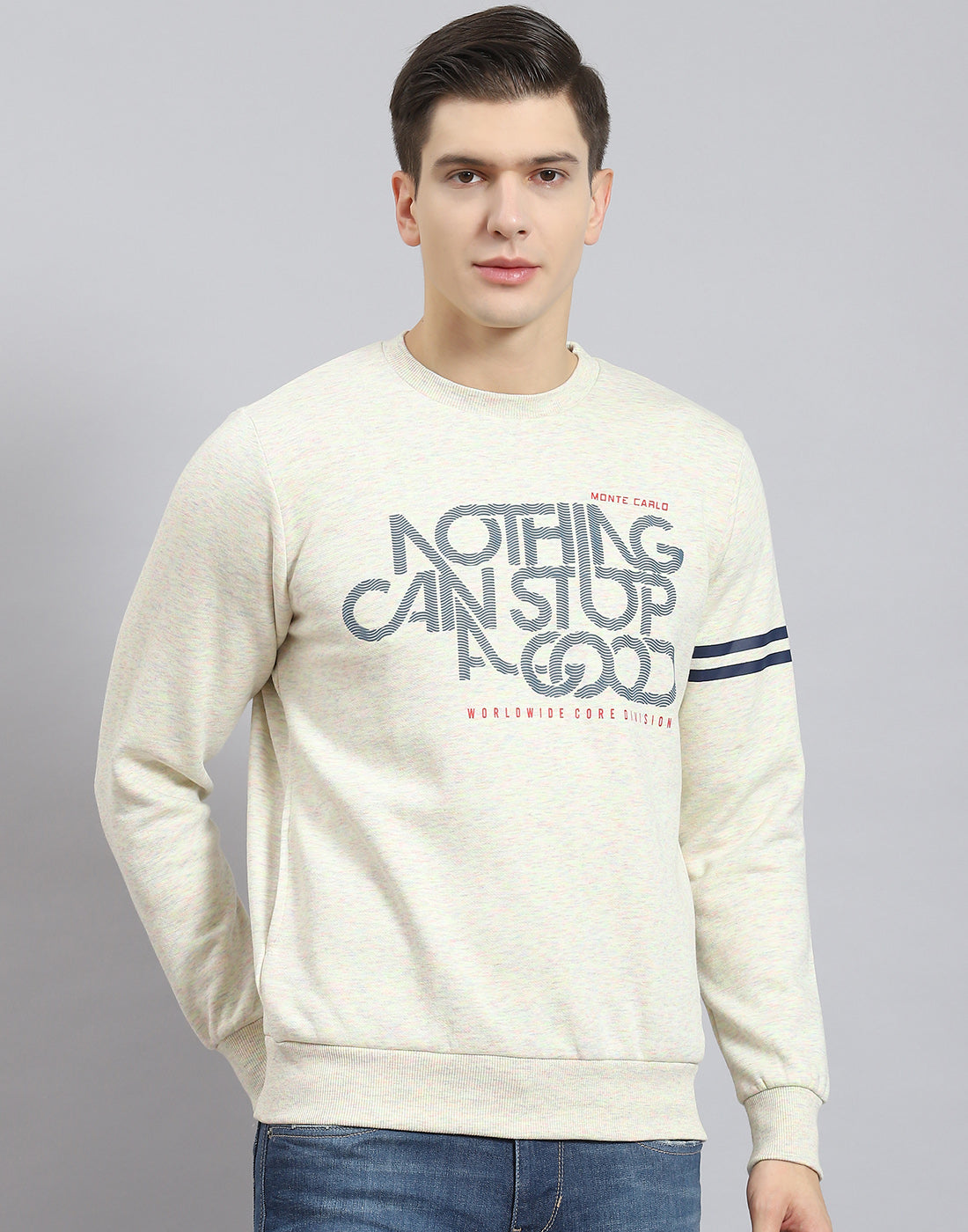 Men Beige Printed Round Neck Full Sleeve Sweatshirt
