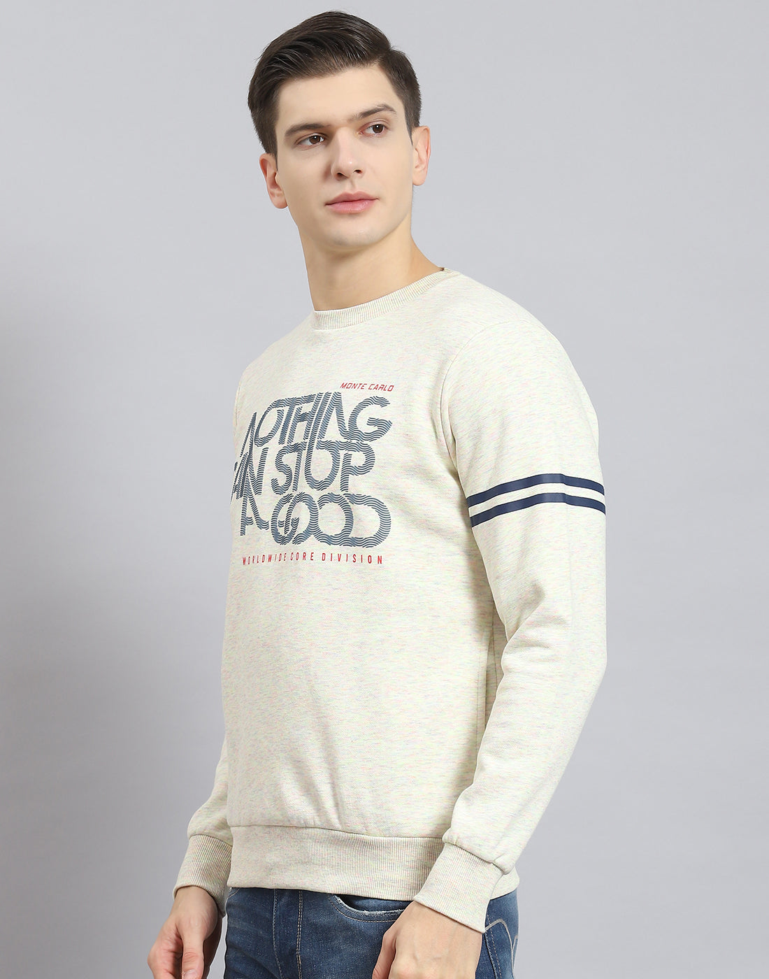 Men Beige Printed Round Neck Full Sleeve Sweatshirt