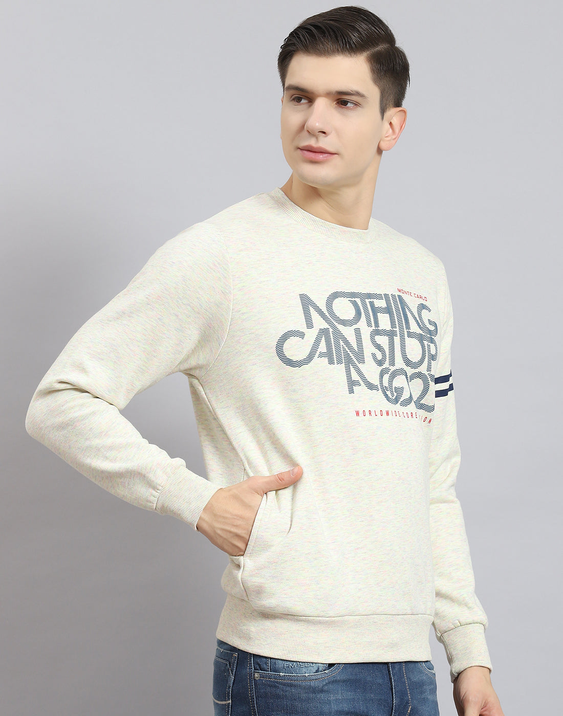 Men Beige Printed Round Neck Full Sleeve Sweatshirt