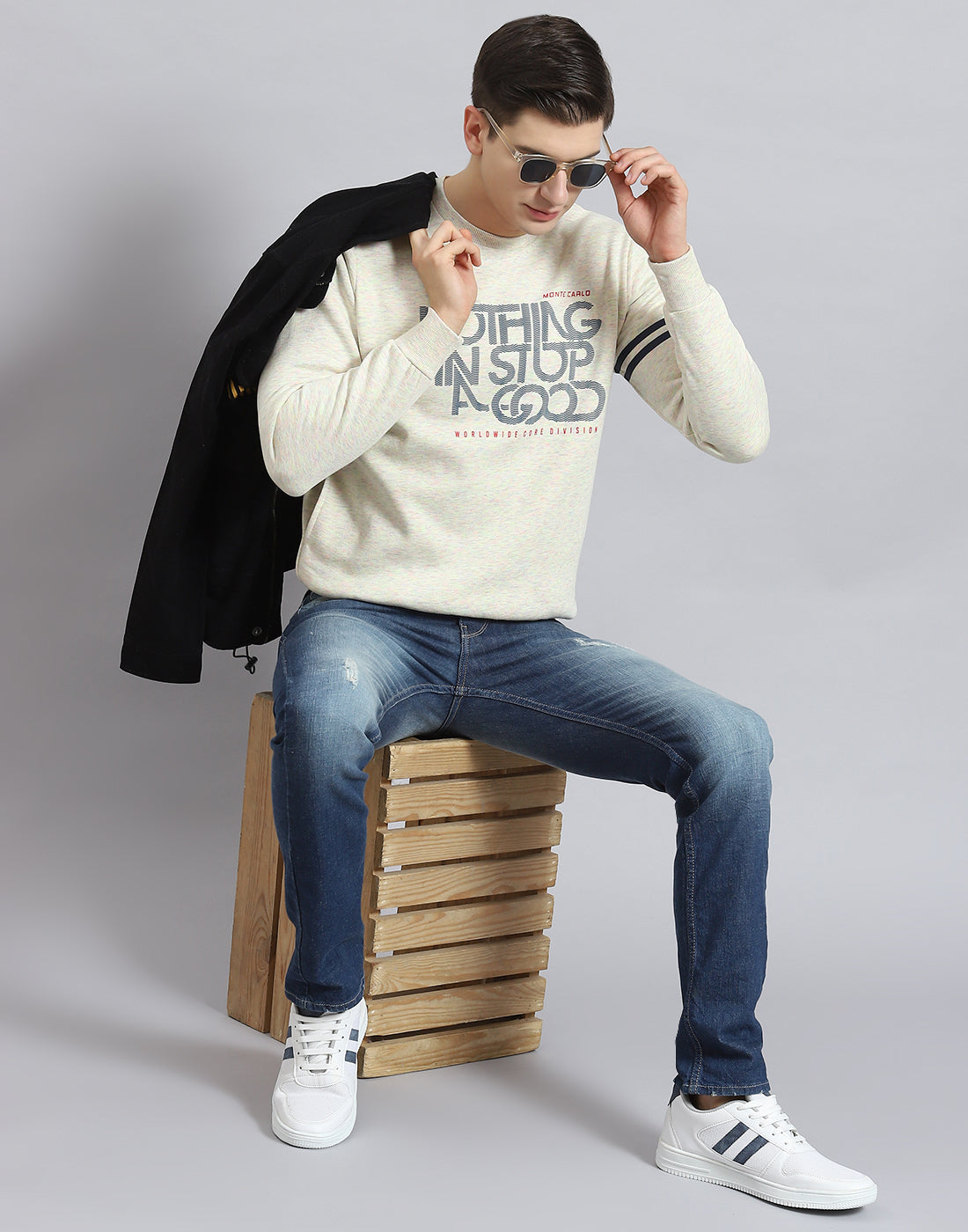 Men Beige Printed Round Neck Full Sleeve Sweatshirt