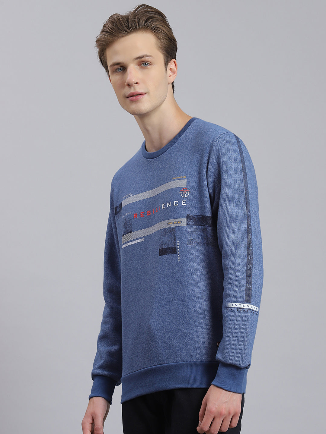 Men Blue Printed Round Neck Full Sleeve Sweatshirt