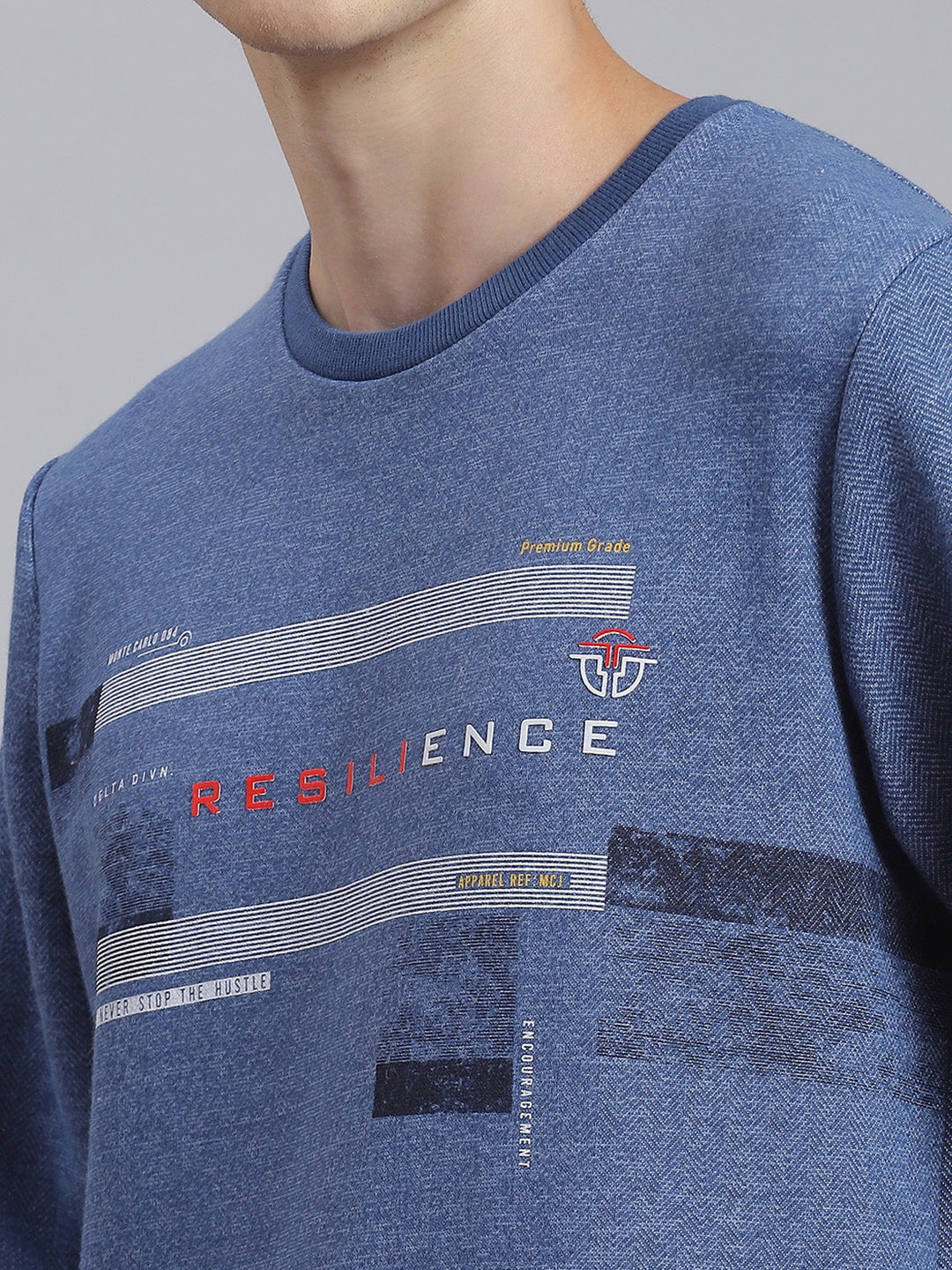 Men Blue Printed Round Neck Full Sleeve Sweatshirt