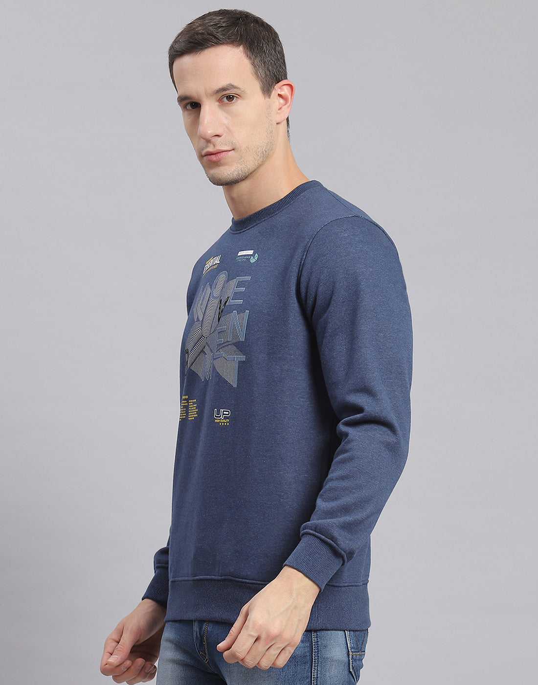 Men Blue Printed Round Neck Full Sleeve Sweatshirt