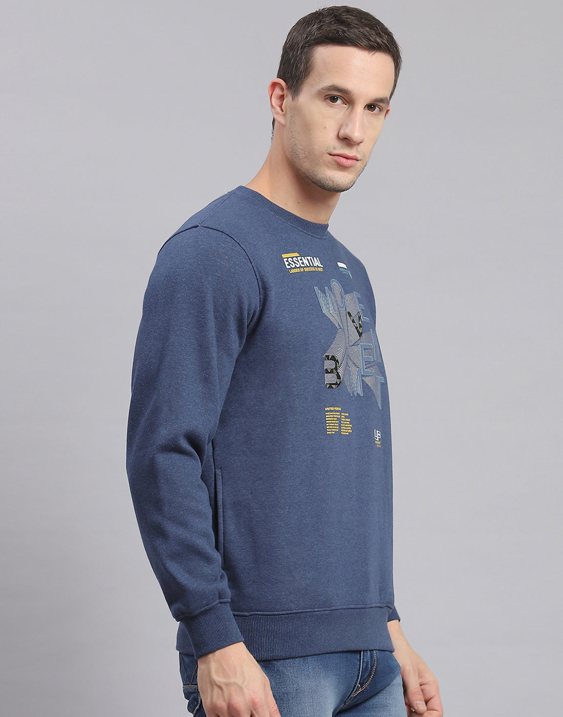 Men Blue Printed Round Neck Full Sleeve Sweatshirt