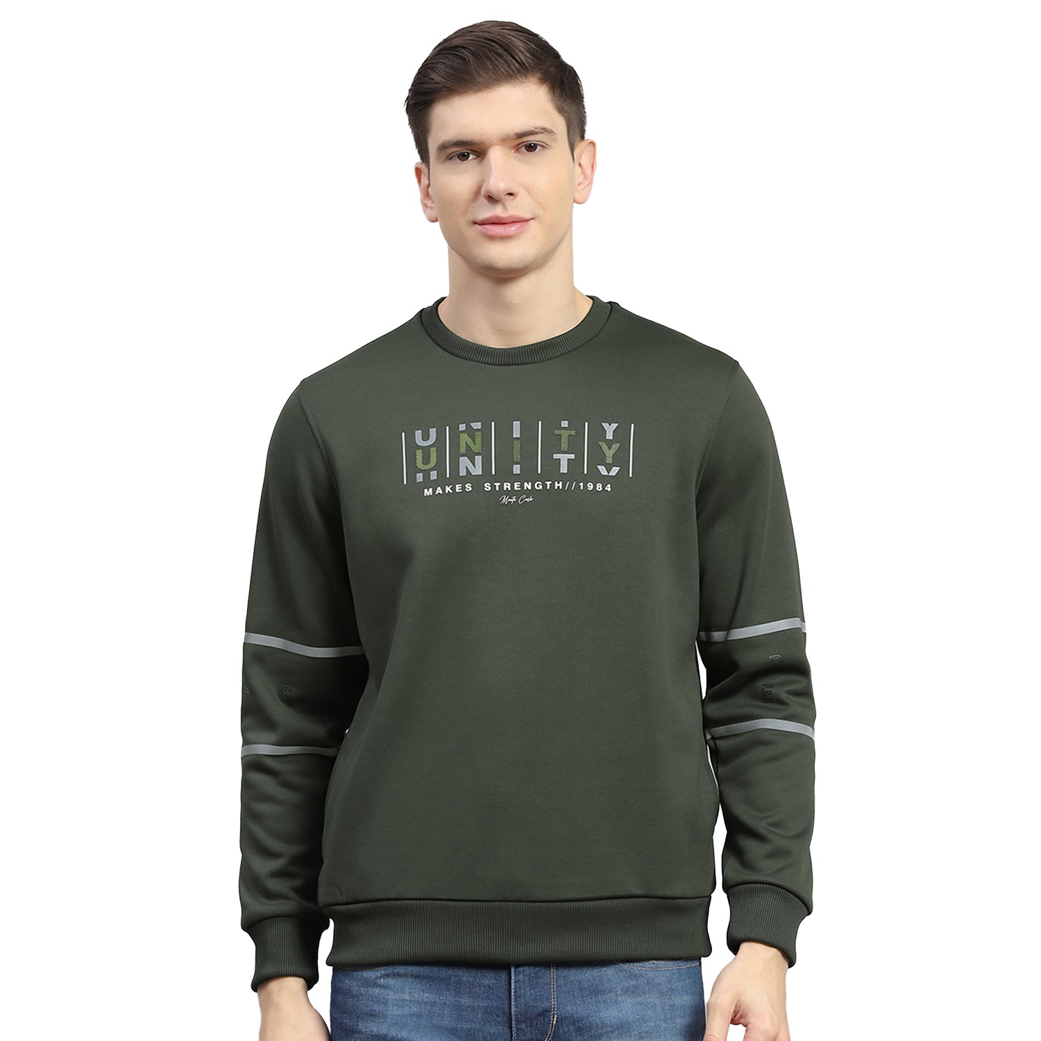 Men Olive Printed Round Neck Full Sleeve Sweatshirt