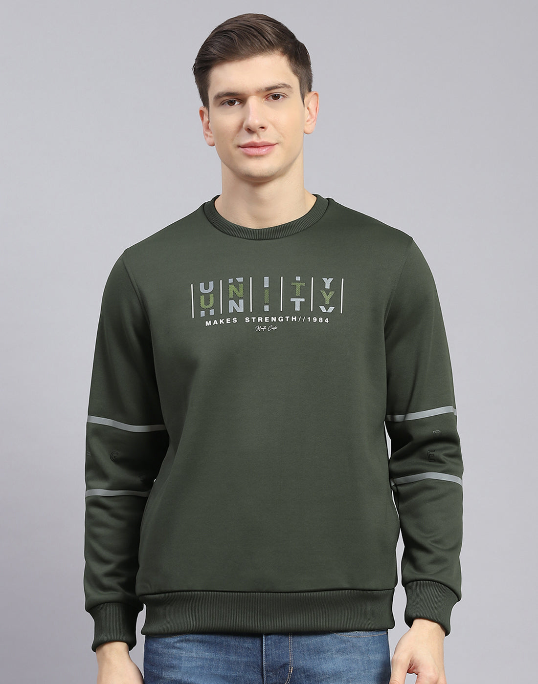 Men Olive Printed Round Neck Full Sleeve Sweatshirt