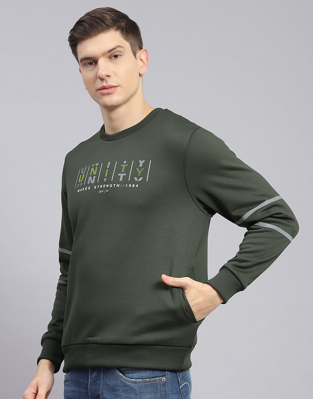 Men Olive Printed Round Neck Full Sleeve Sweatshirt