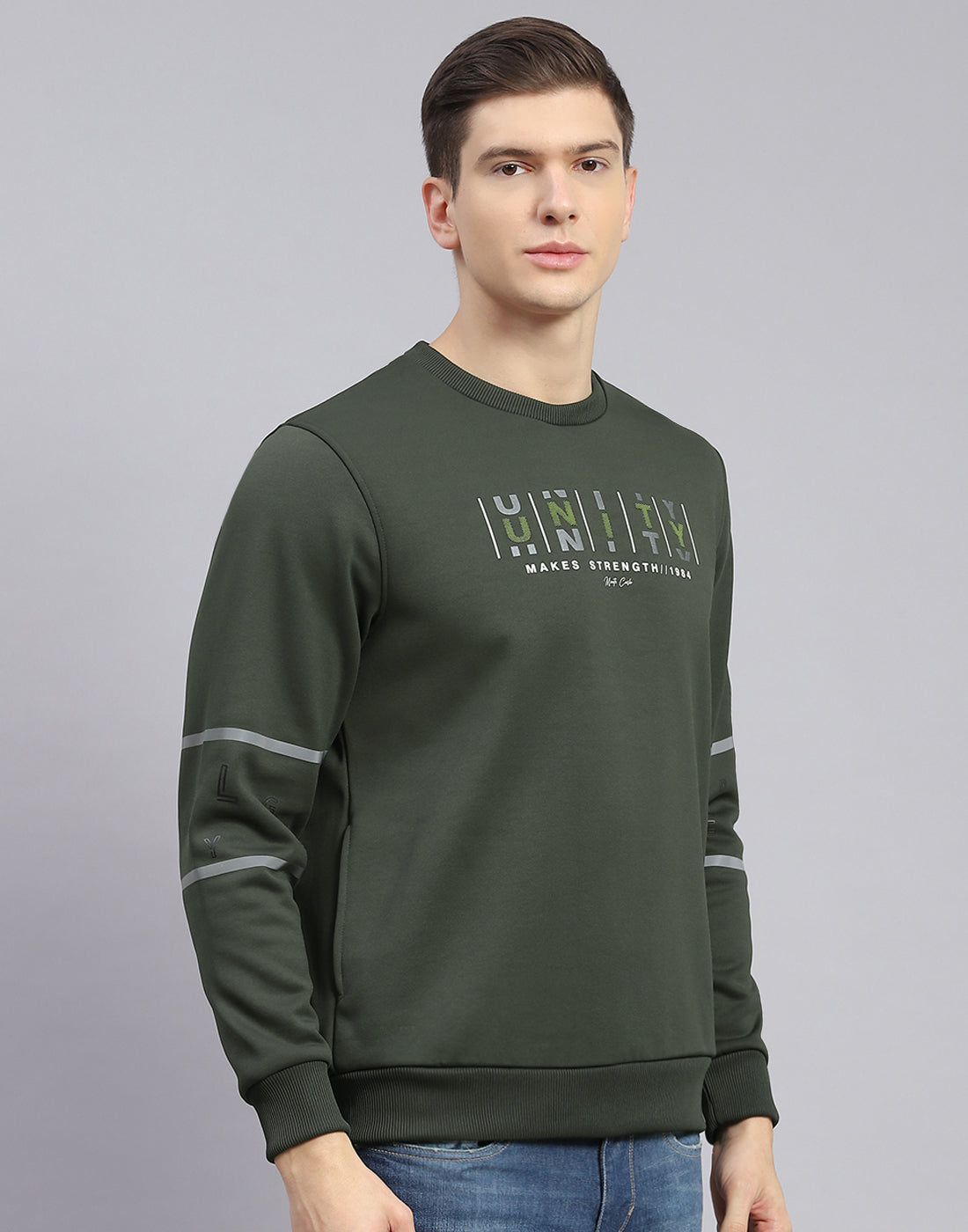 Men Olive Printed Round Neck Full Sleeve Sweatshirt