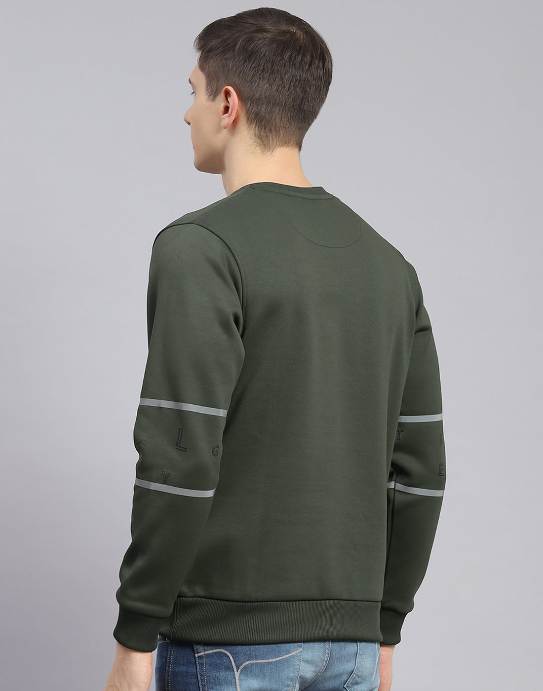 Men Olive Printed Round Neck Full Sleeve Sweatshirt