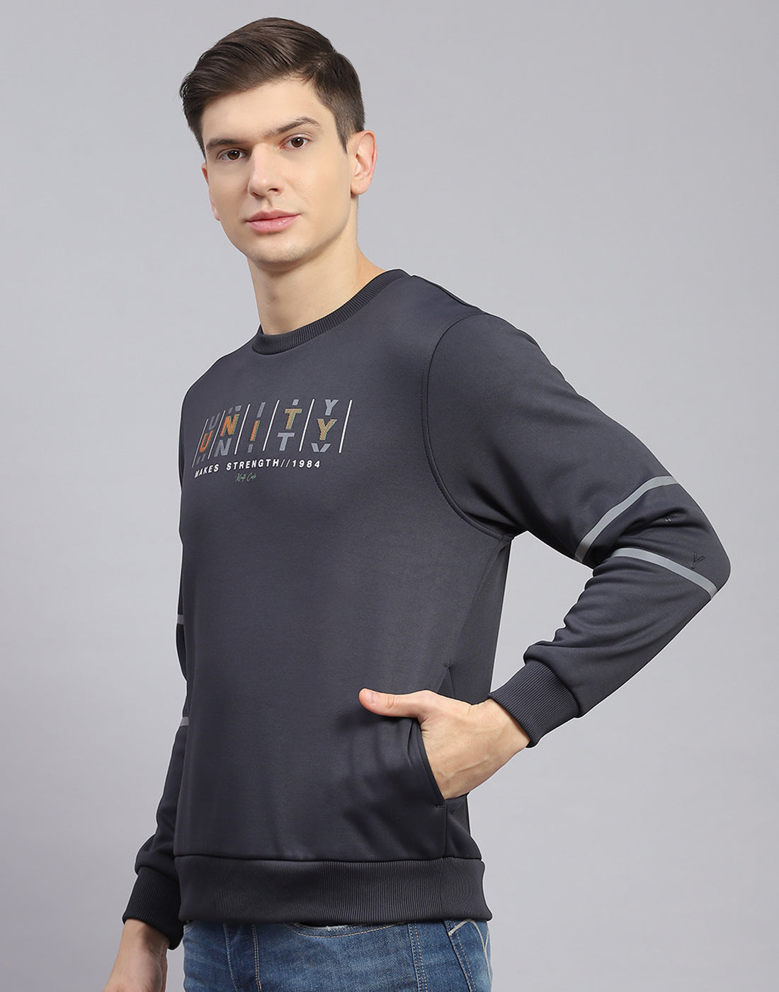 Men Grey Printed Round Neck Full Sleeve Sweatshirt