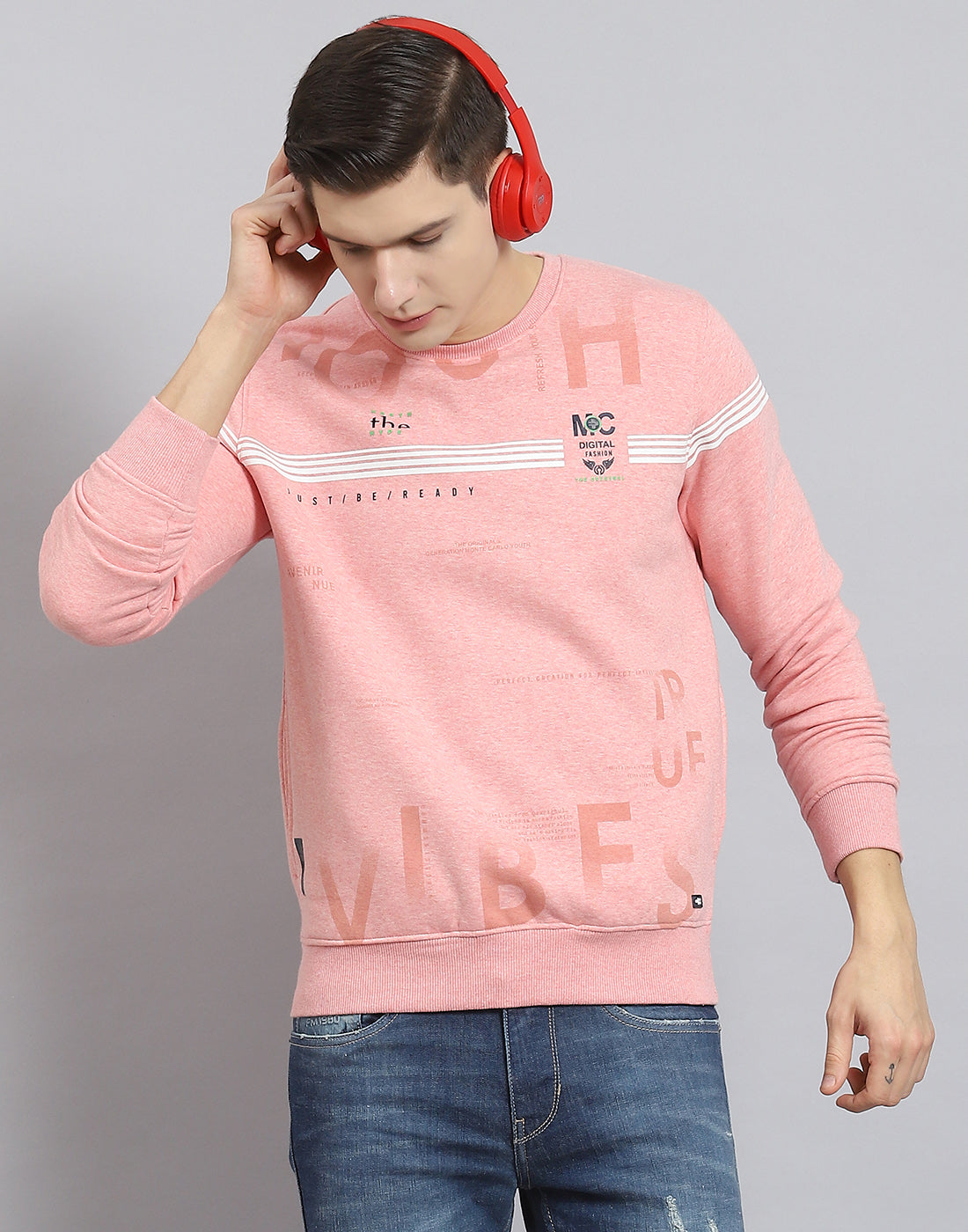 Men Pink Printed Round Neck Full Sleeve Sweatshirt