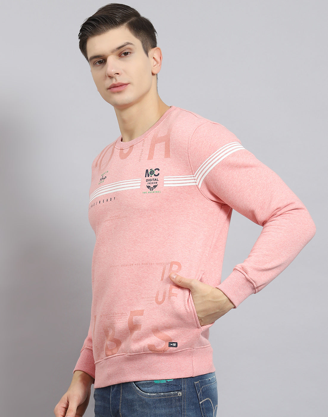 Men Pink Printed Round Neck Full Sleeve Sweatshirt