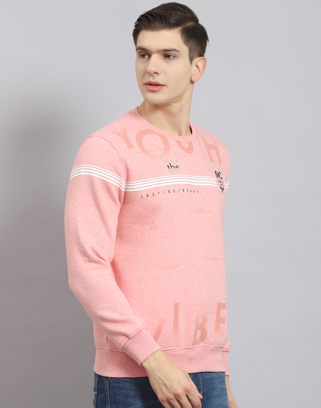 Men Pink Printed Round Neck Full Sleeve Sweatshirt