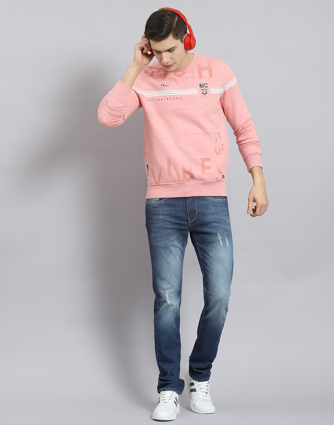 Men Pink Printed Round Neck Full Sleeve Sweatshirt
