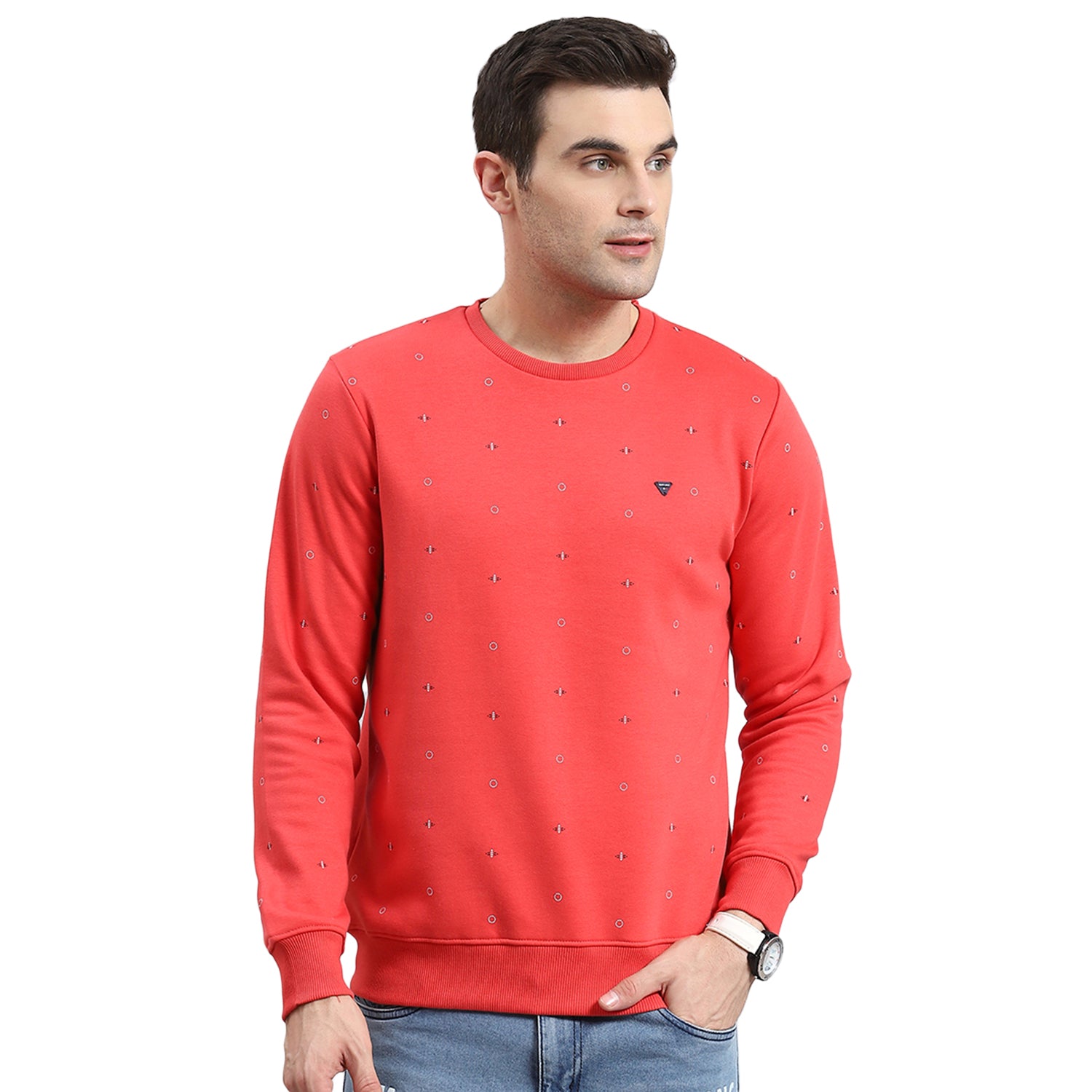 Men Pink Printed Round Neck Full Sleeve Sweatshirt
