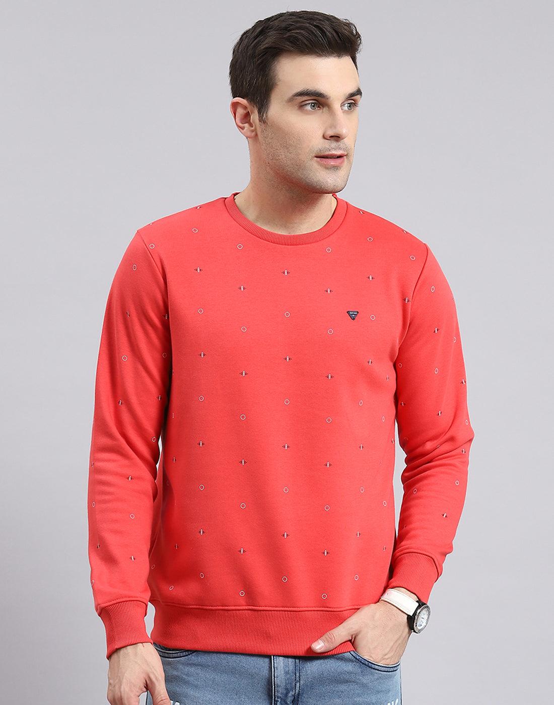 Men Pink Printed Round Neck Full Sleeve Sweatshirt