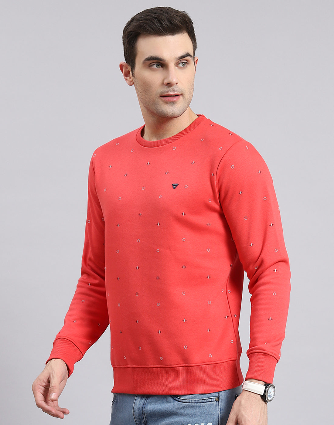 Men Pink Printed Round Neck Full Sleeve Sweatshirt