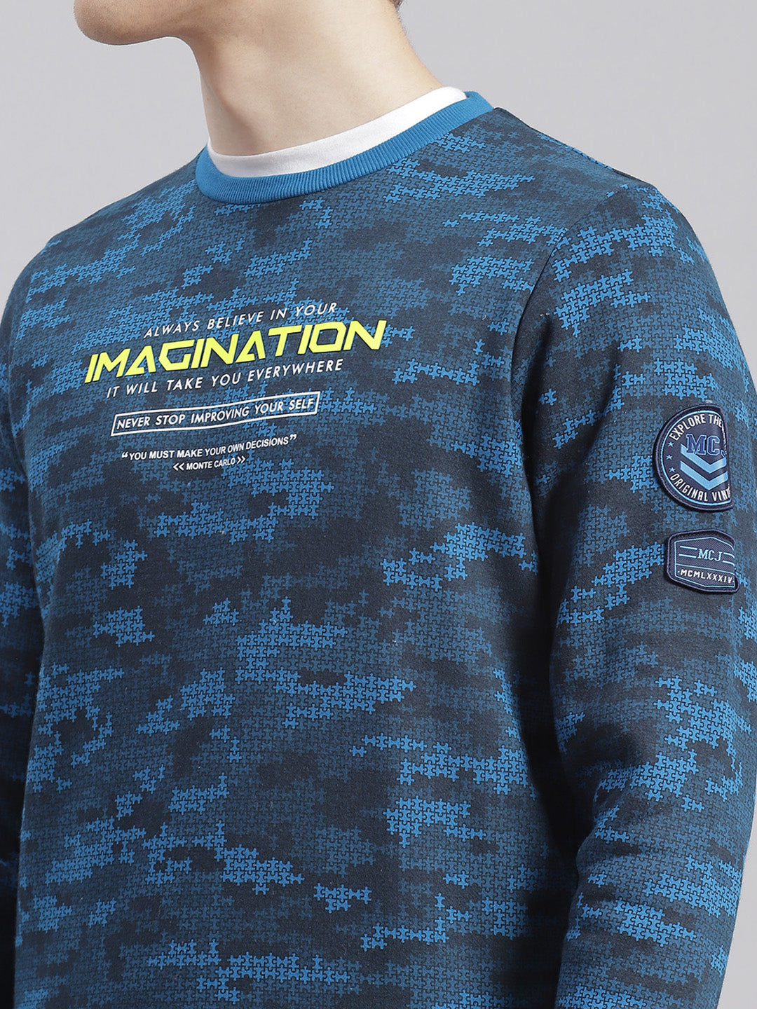 Men Blue Printed Round Neck Full Sleeve Sweatshirts