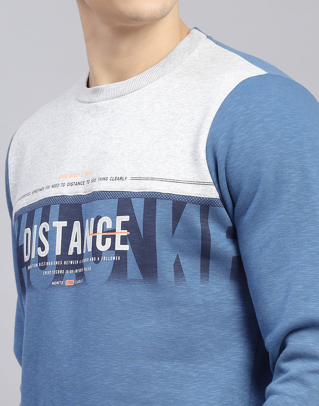 Men Blue Printed Round Neck Full Sleeve Sweatshirt