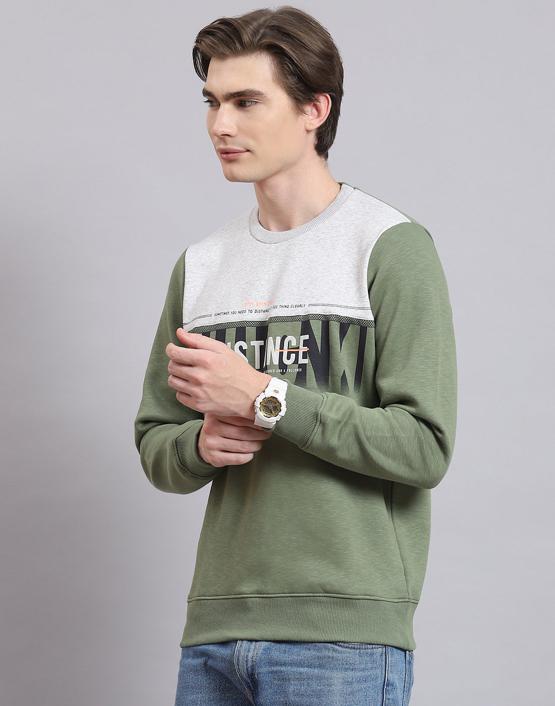 Men Green Printed Round Neck Full Sleeve Sweatshirt