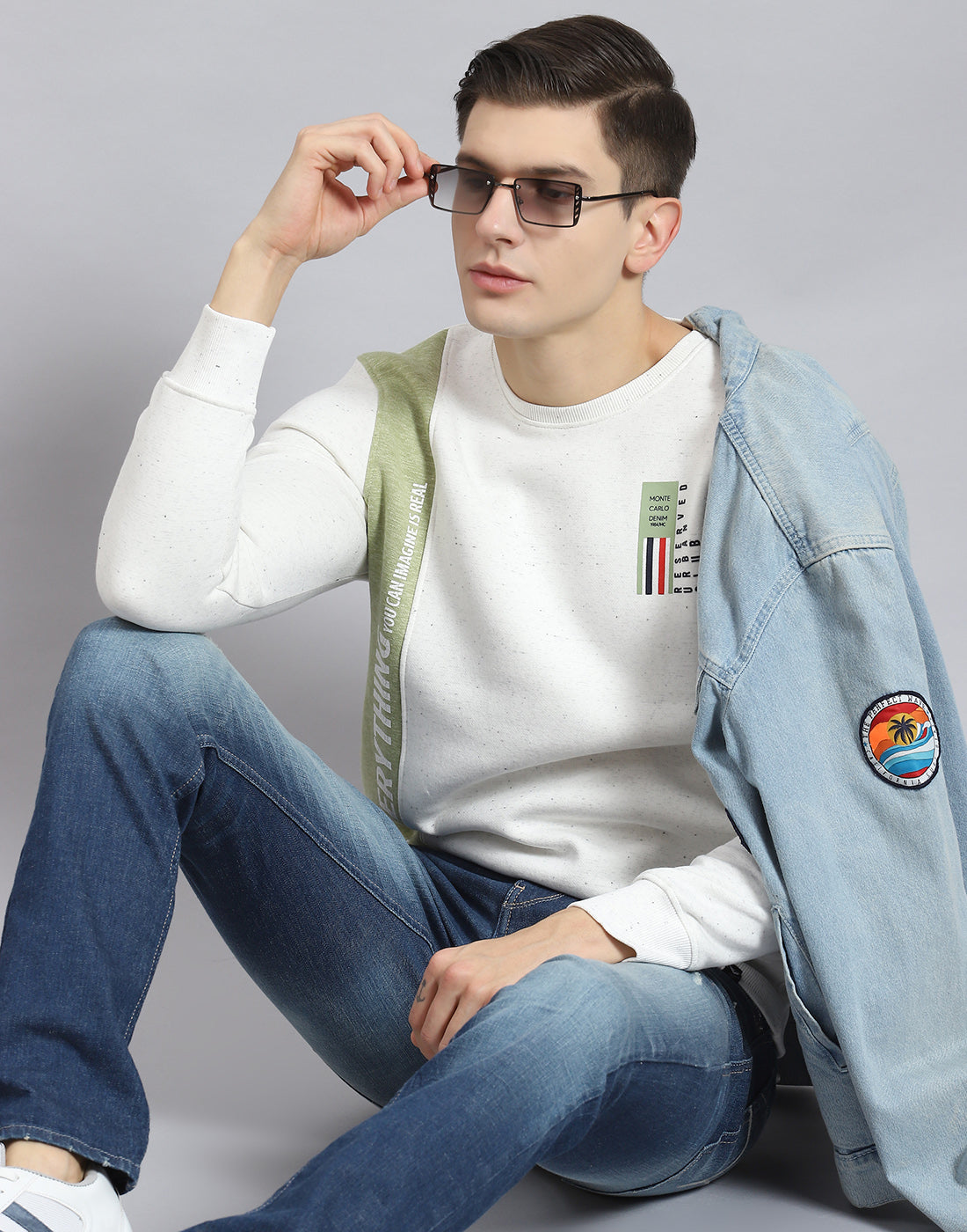 Men White Printed Round Neck Full Sleeve Sweatshirt