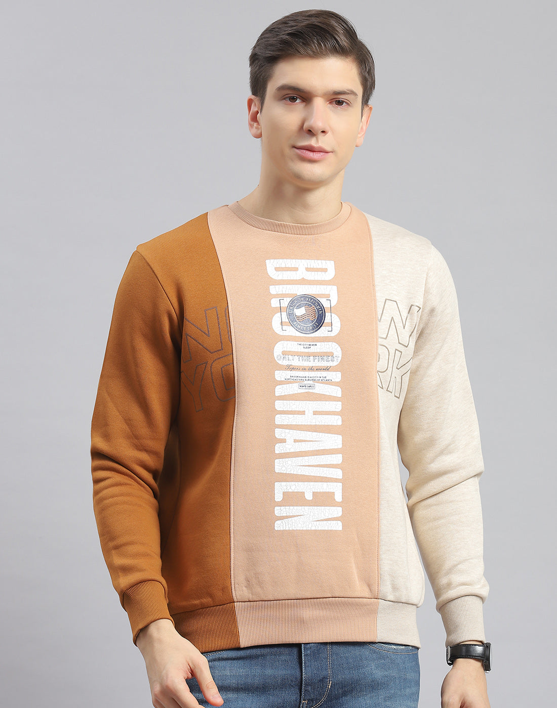 Men Beige Printed Round Neck Full Sleeve Sweatshirt
