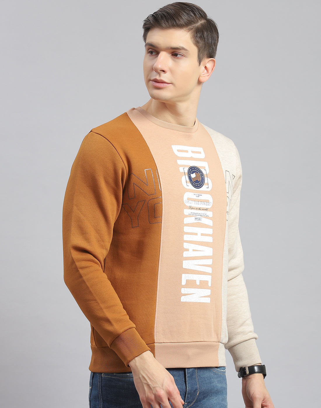 Men Beige Printed Round Neck Full Sleeve Sweatshirt