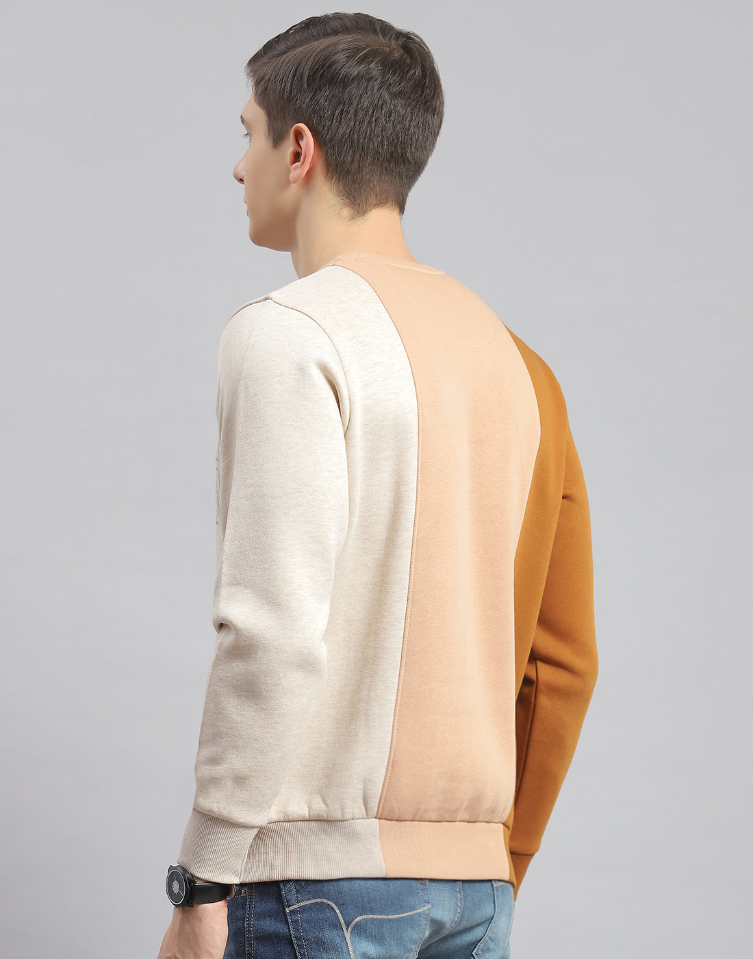 Men Beige Printed Round Neck Full Sleeve Sweatshirt