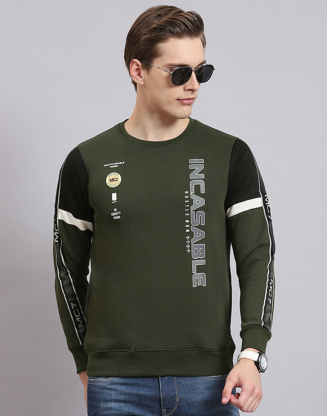 Men Olive Printed Round Neck Full Sleeve Sweatshirt