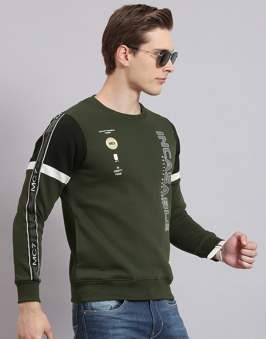 Men Olive Printed Round Neck Full Sleeve Sweatshirt