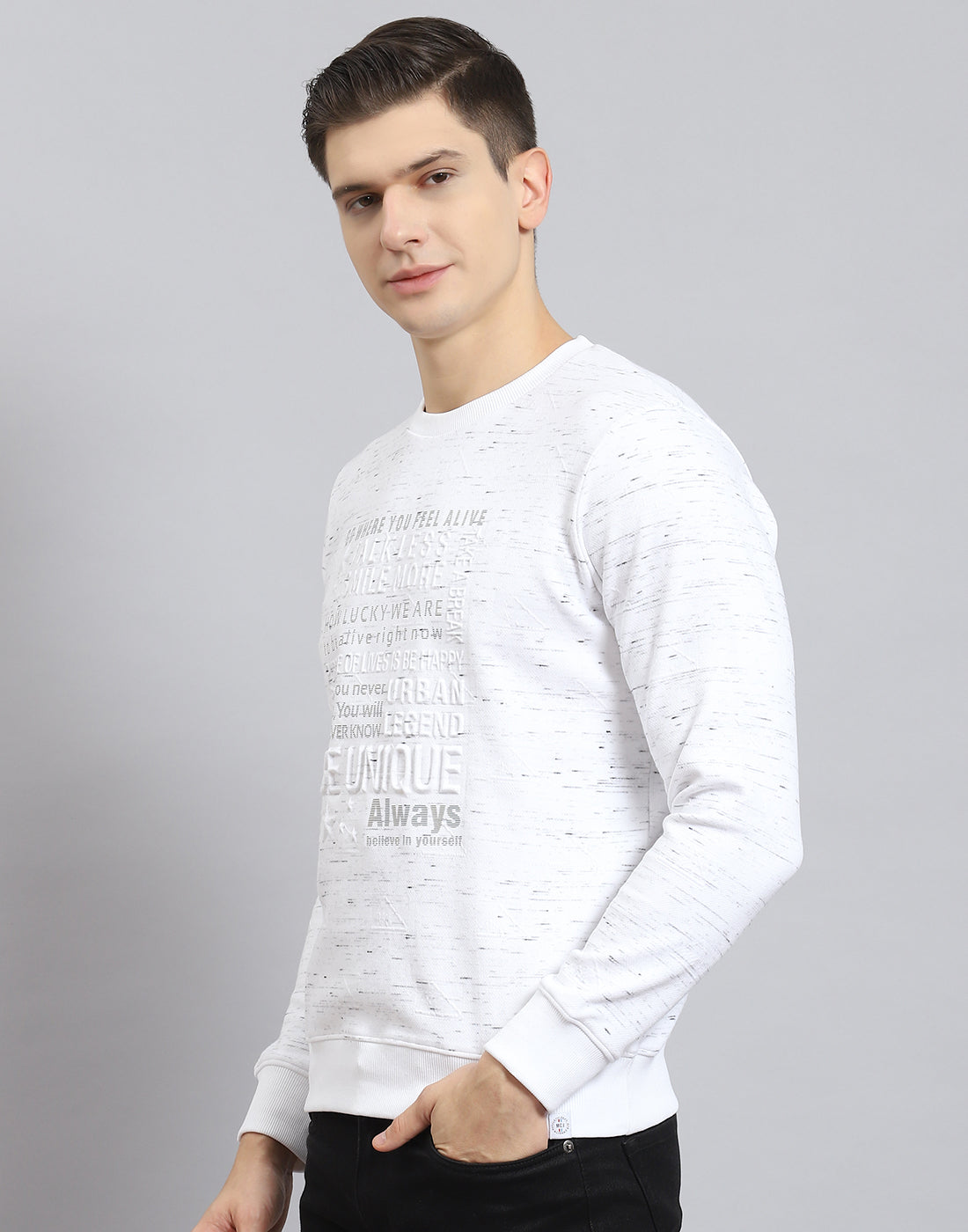 Men Off White Printed Round Neck Full Sleeve Sweatshirt