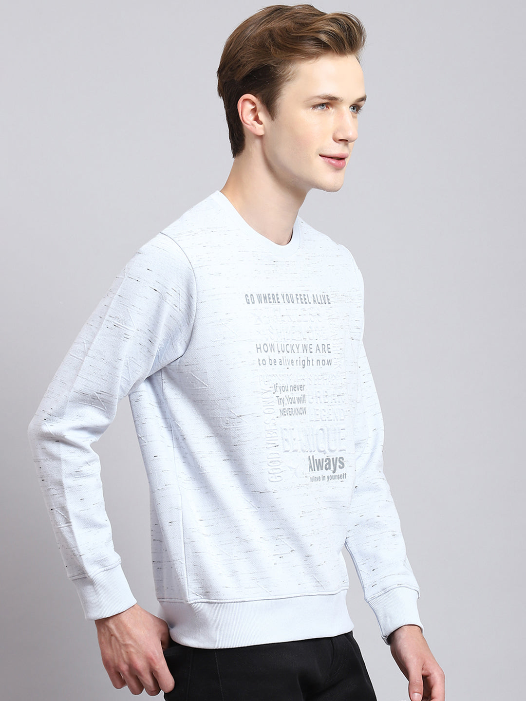 Men Blue Printed Round Neck Full Sleeve Sweatshirt