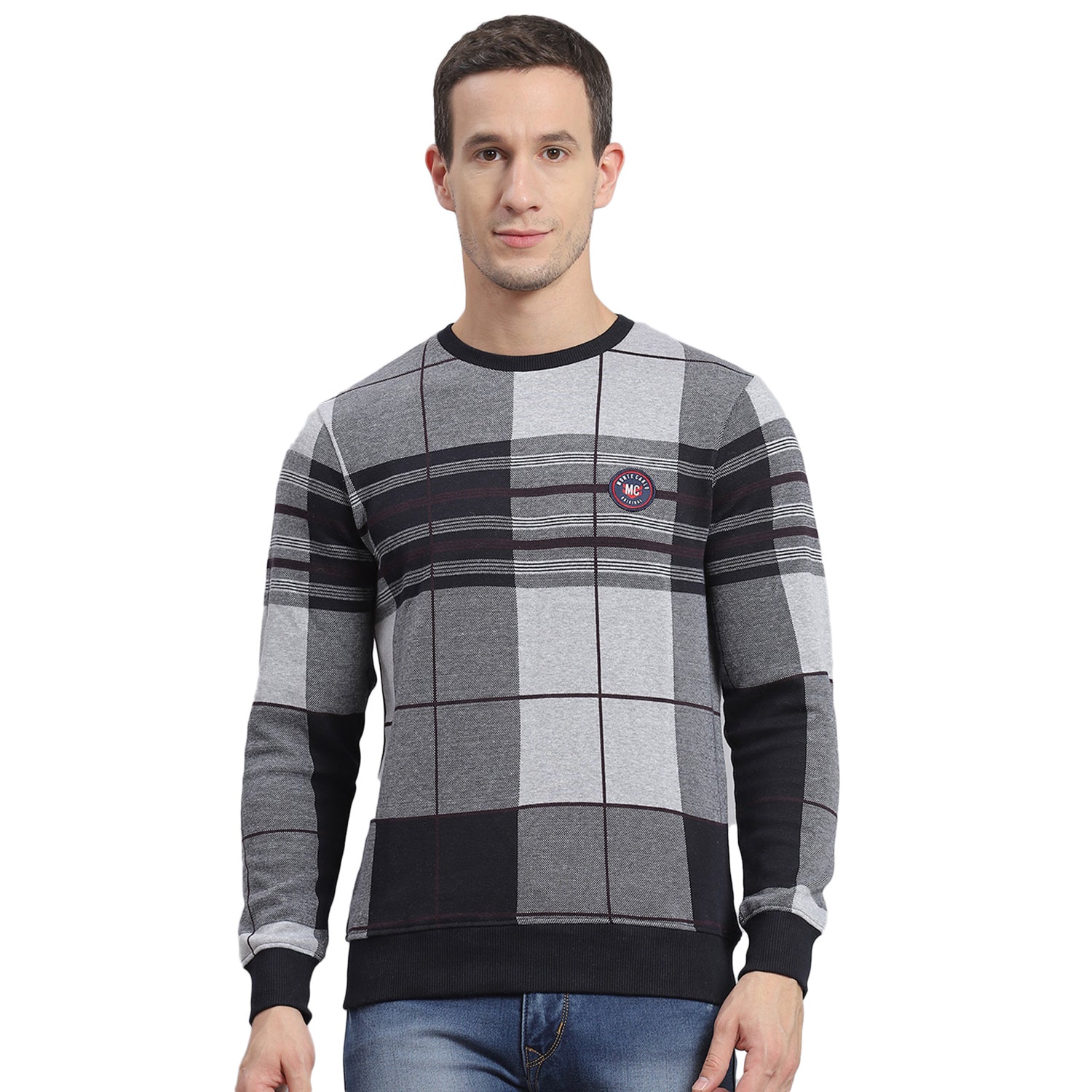 Men Grey Melange Check Round Neck Full Sleeve Sweatshirt