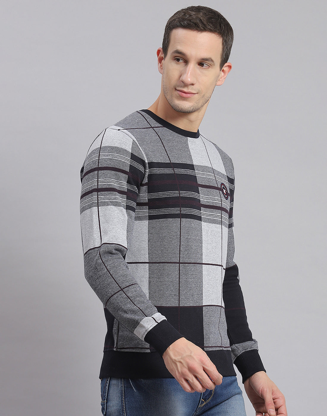 Men Grey Melange Check Round Neck Full Sleeve Sweatshirt