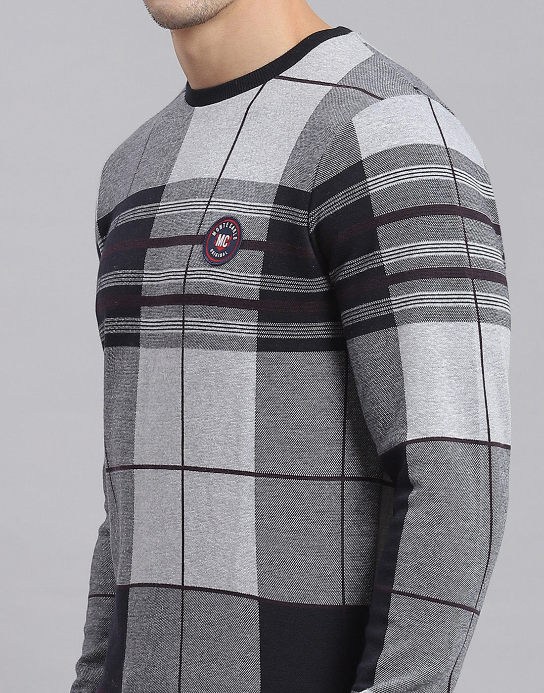 Men Grey Melange Check Round Neck Full Sleeve Sweatshirt