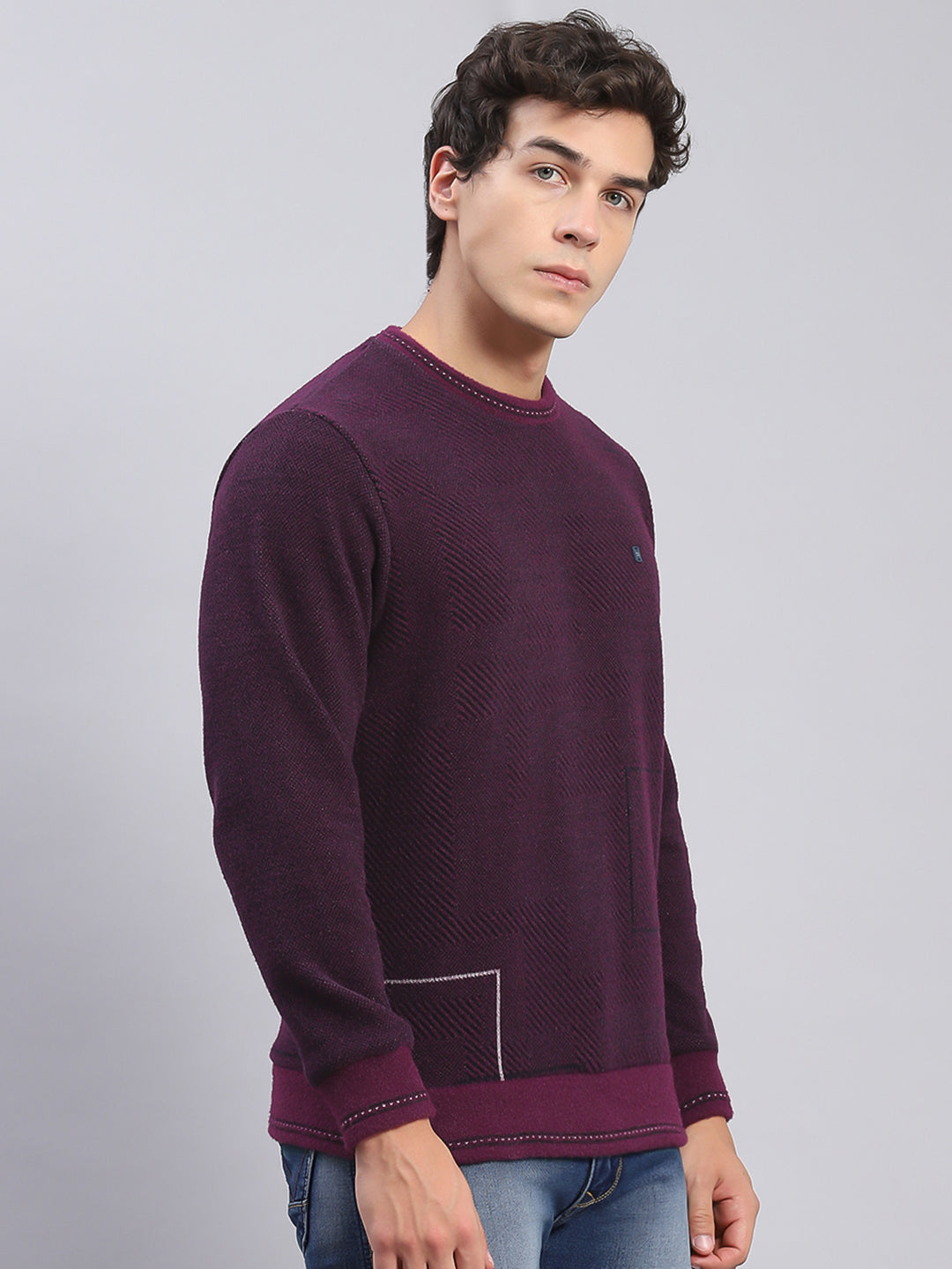 Men Purple Printed Round Neck Full Sleeve Sweatshirts