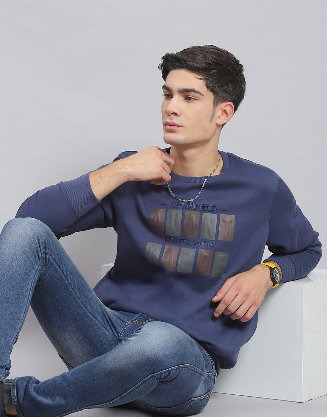 Men Blue Printed Round Neck Full Sleeve Sweatshirt