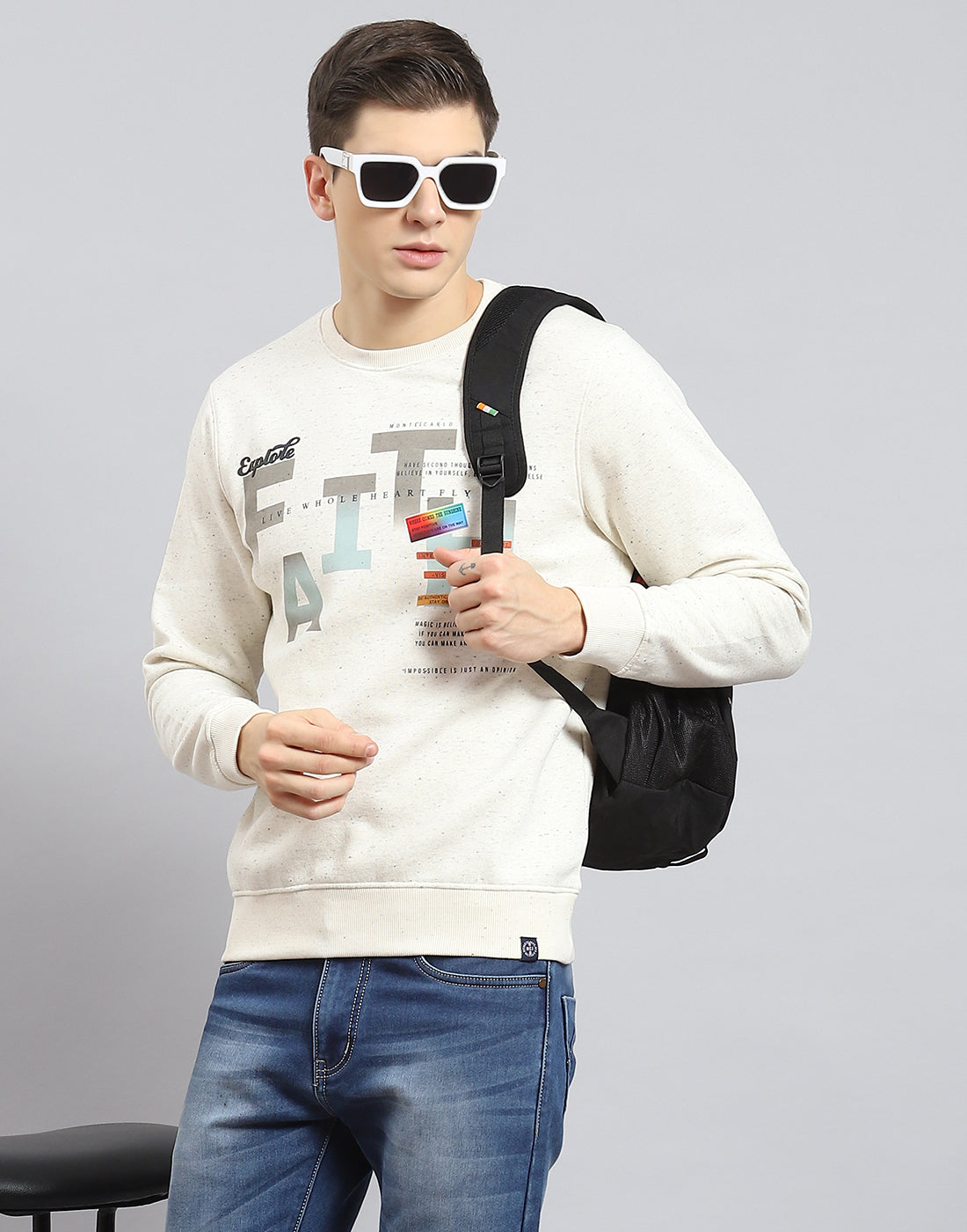 Men Beige Printed Round Neck Full Sleeve Sweatshirt