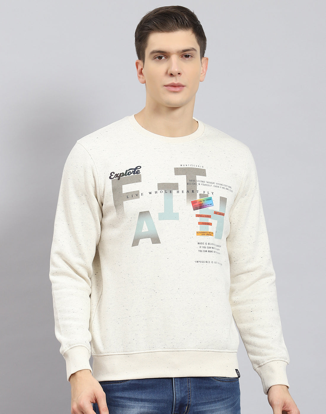 Men Beige Printed Round Neck Full Sleeve Sweatshirt