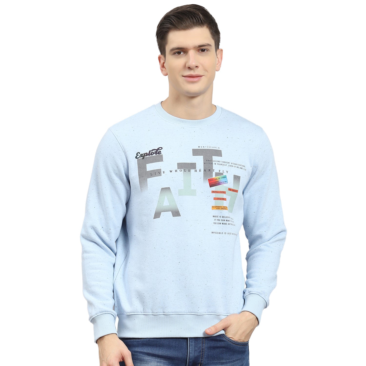 Men Blue Printed Round Neck Full Sleeve Sweatshirt