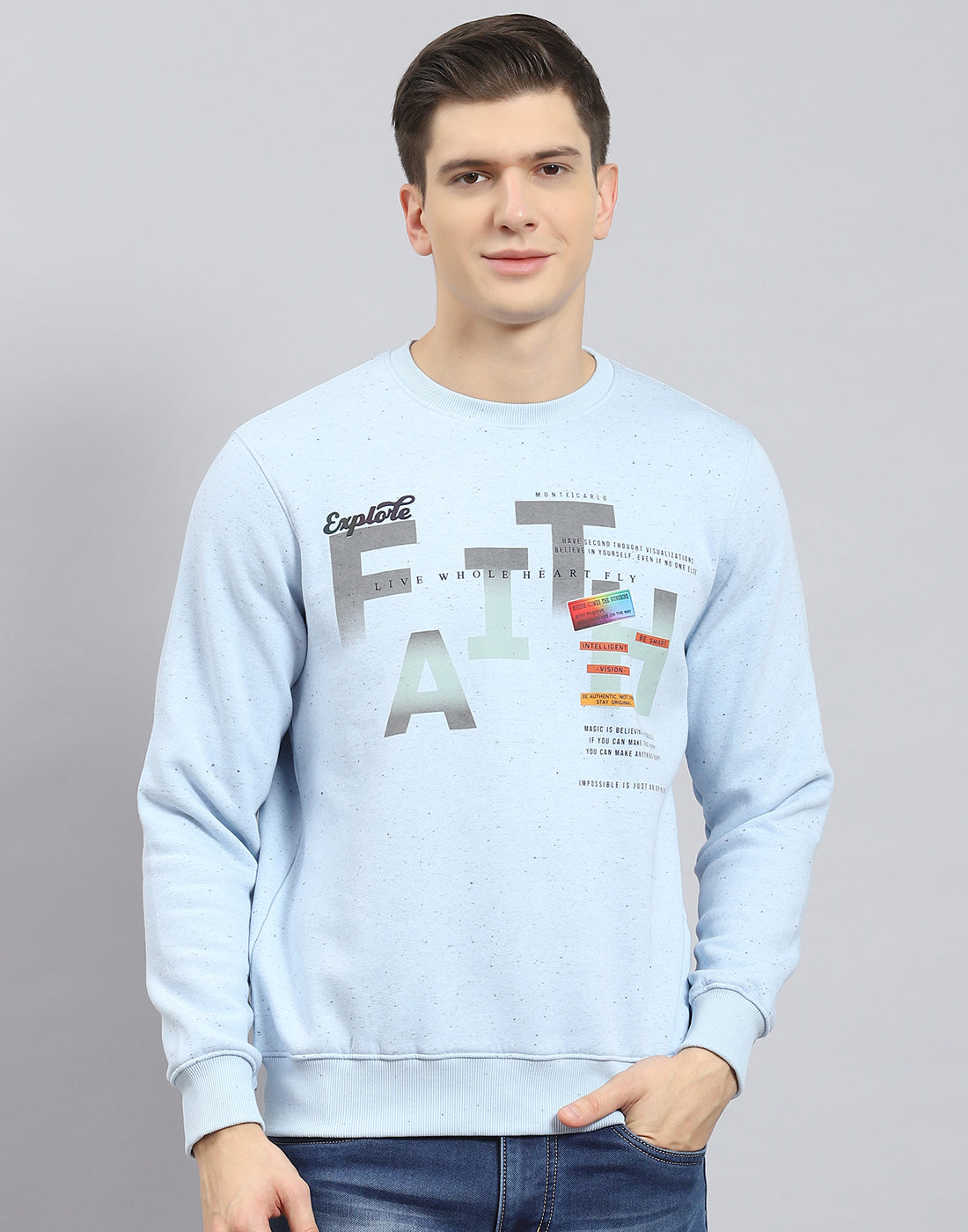 Men Blue Printed Round Neck Full Sleeve Sweatshirt